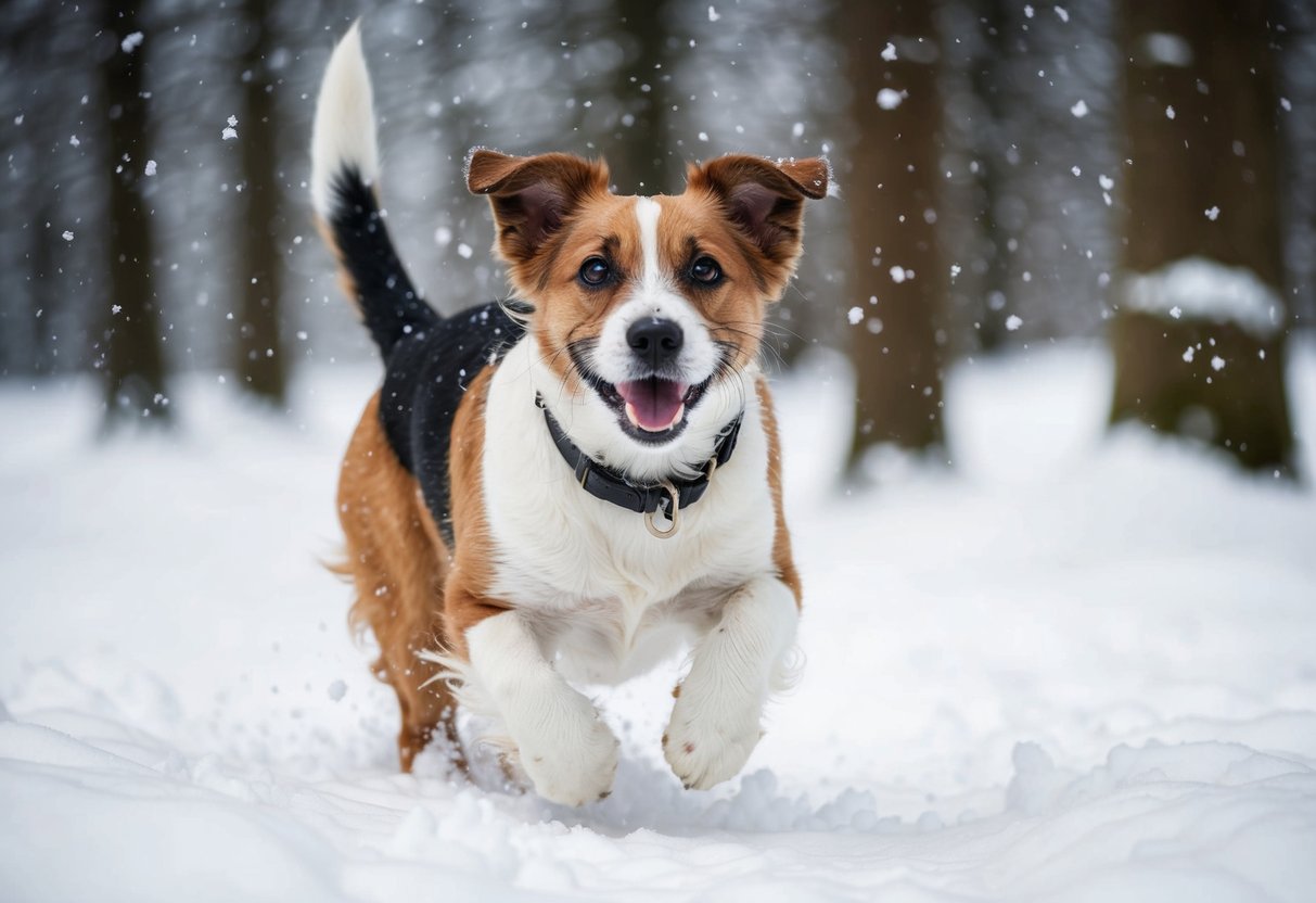 A Border Terrier happily romps through a snowy forest, with snowflakes gently falling around them