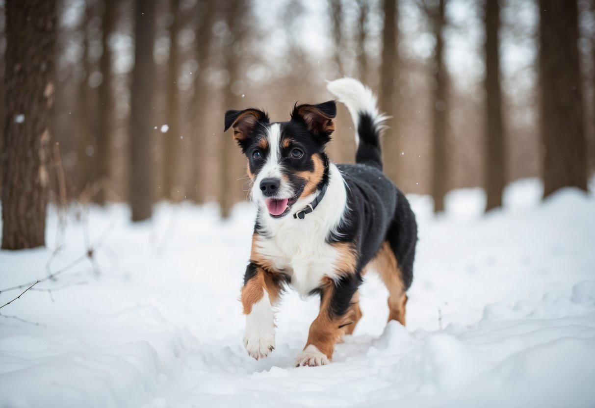 A border terrier with a thick coat, frolicking in the snow-covered woods