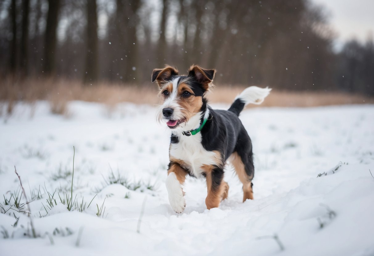 A border terrier frolics in a snowy field, wagging its tail and sniffing the crisp winter air