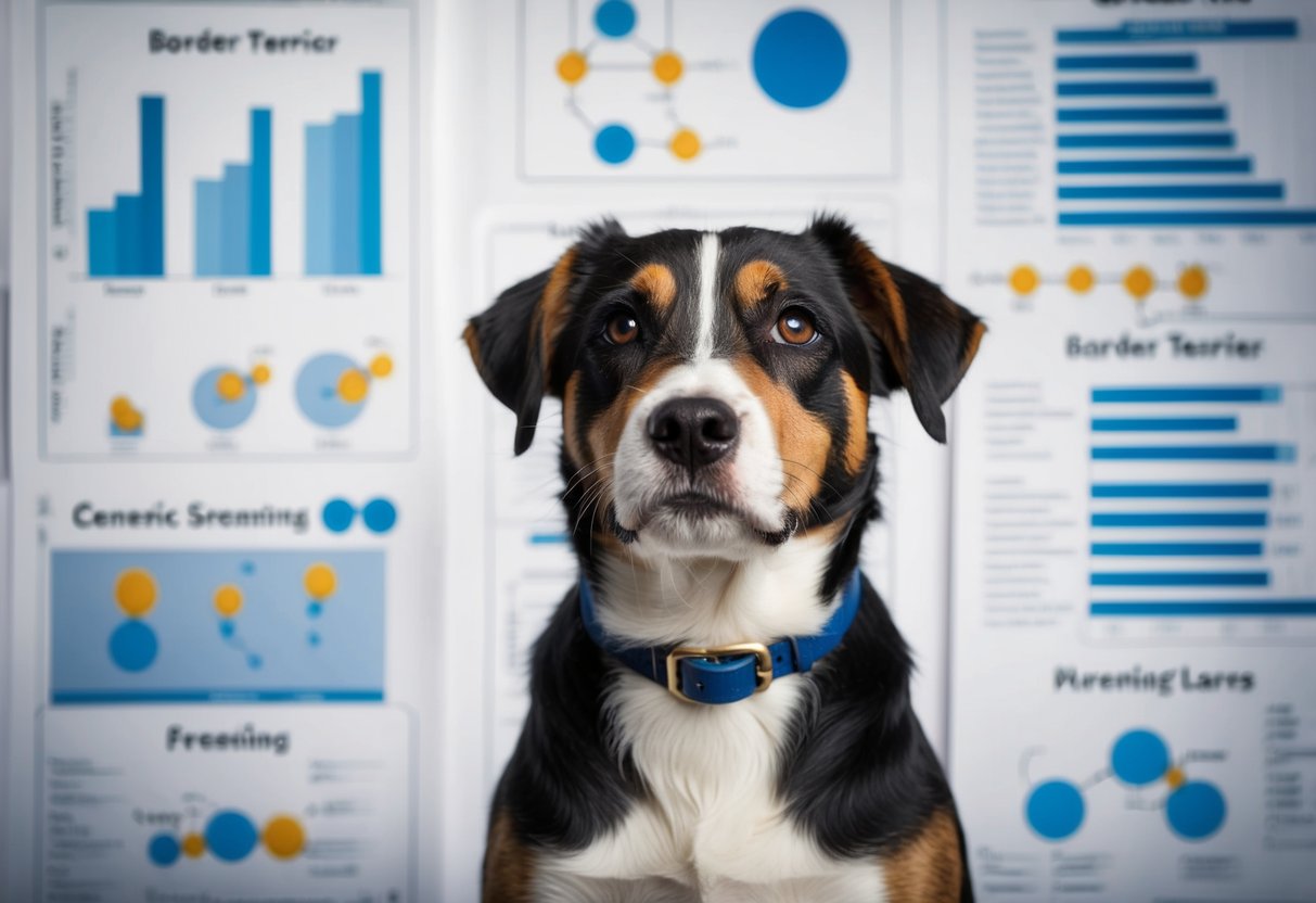 A border terrier with a thoughtful expression, surrounded by genetic and breeding charts and diagrams