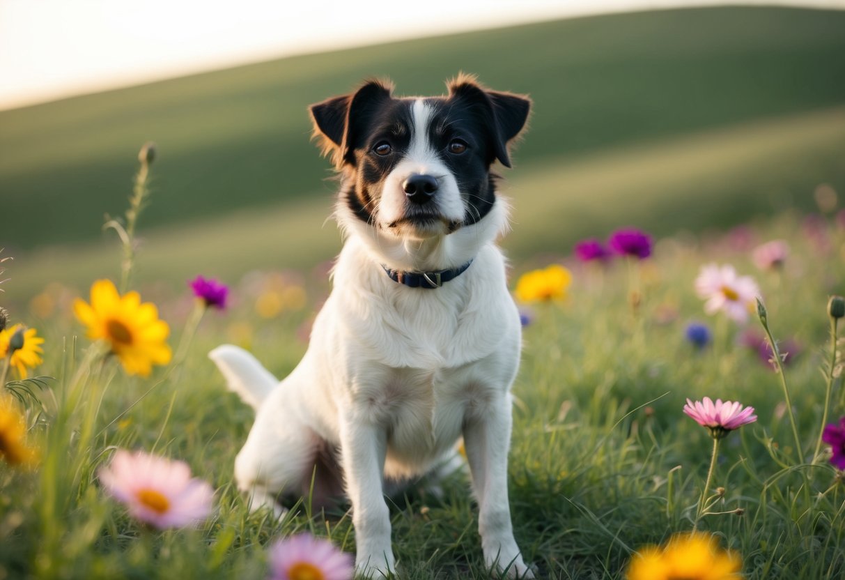 A Border Terrier with soulful eyes sits on a grassy hill, surrounded by colorful flowers and a gentle breeze