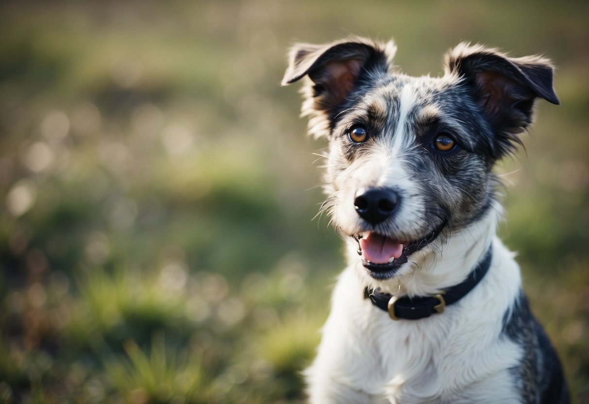 A border terrier with a wiry coat and dark, soulful eyes gazes up at the viewer with an alert and friendly expression, its ears perked up and tail wagging