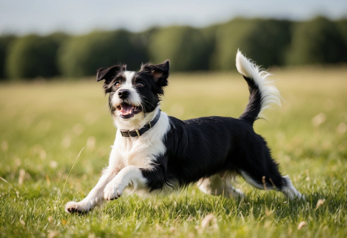 A border terrier playing in a field, wagging its tail and looking up with bright, curious eyes