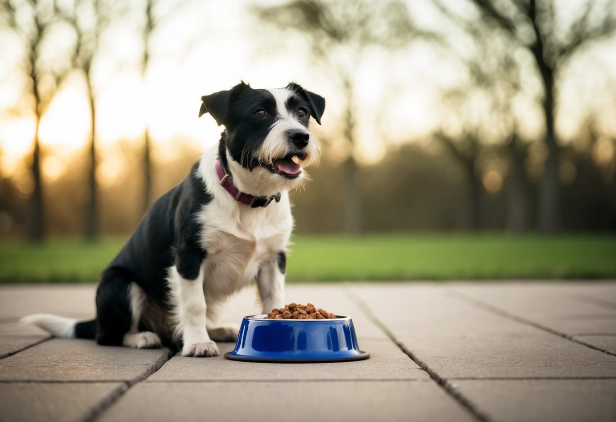 A border terrier eagerly awaits its food, sitting by its empty bowl and looking up expectantly at the feeding time