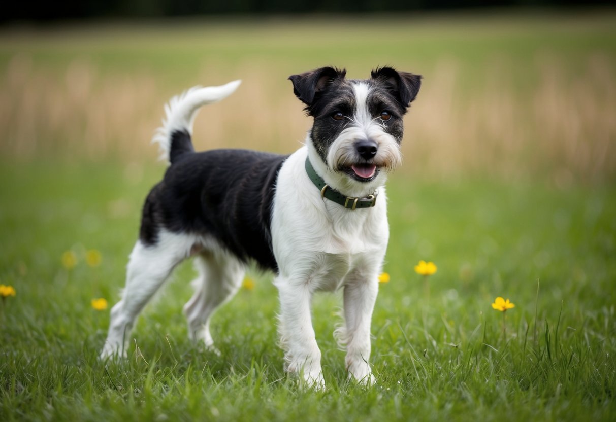 A Border Terrier stands alert in a green field, with its wiry coat and keen expression capturing its intelligent and lively nature