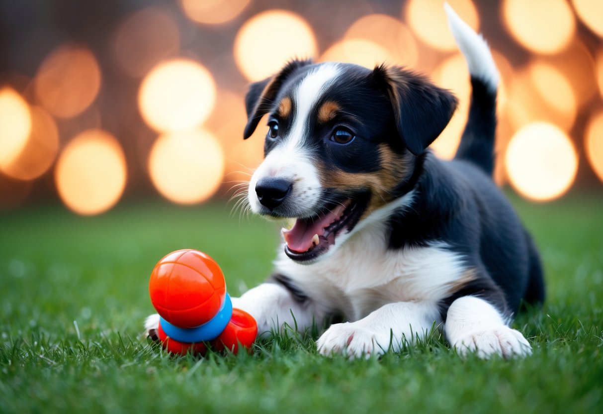 A border terrier puppy playing with a toy, wagging its tail, with bright eyes and a happy expression
