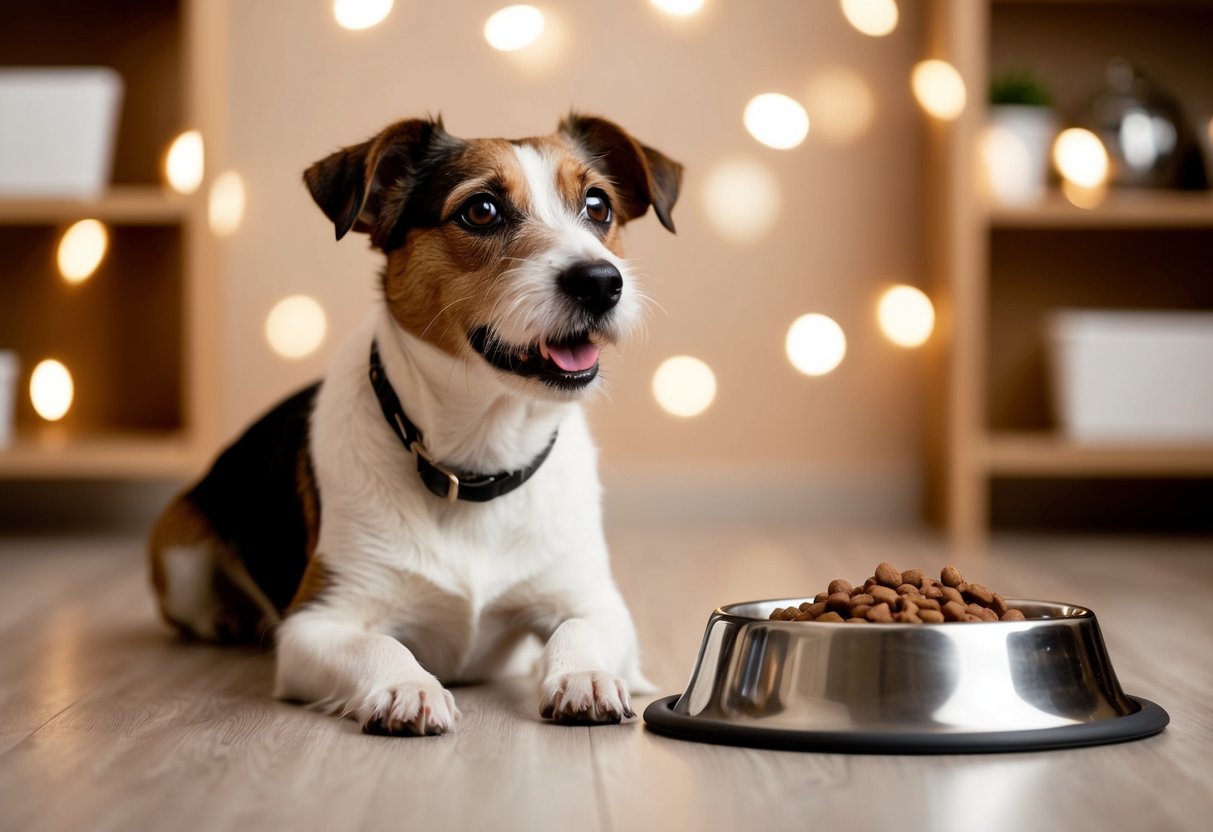 A Border Terrier eagerly awaits its meal, sitting in front of a full food bowl and looking up expectantly