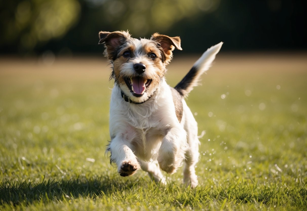 A border terrier playing joyfully in a field, with its wiry coat catching the sunlight as it runs with a happy expression on its face