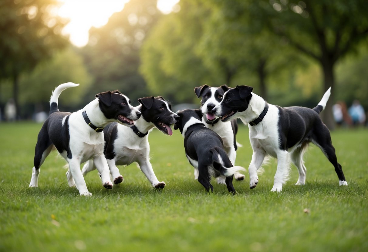 A group of border terriers playing and interacting with each other in a park setting
