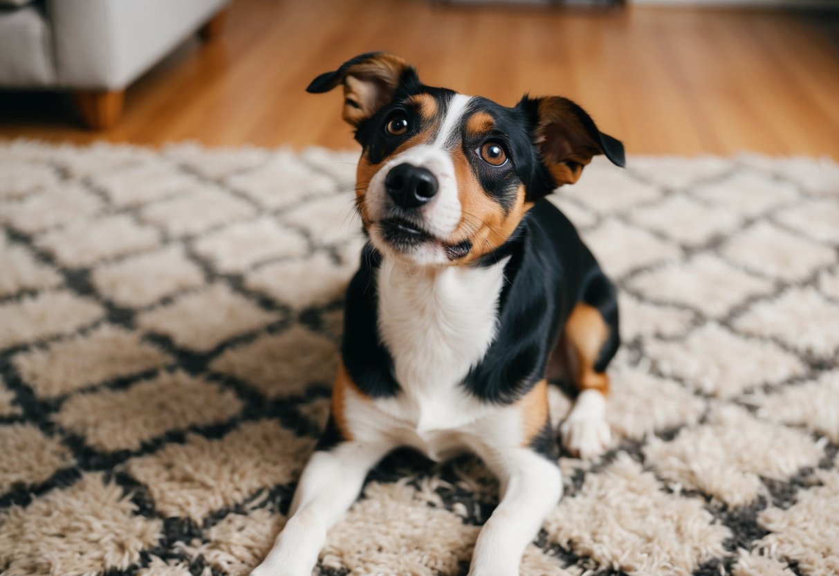 A Border Terrier sitting on a cozy rug, with its head tilted and big, expressive eyes looking up adoringly