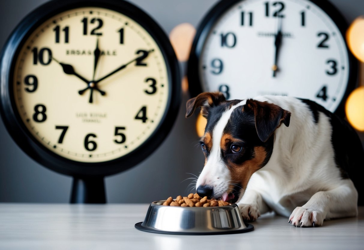 A Border Terrier eating from a food bowl, with a clock showing breakfast, lunch, and dinner times in the background