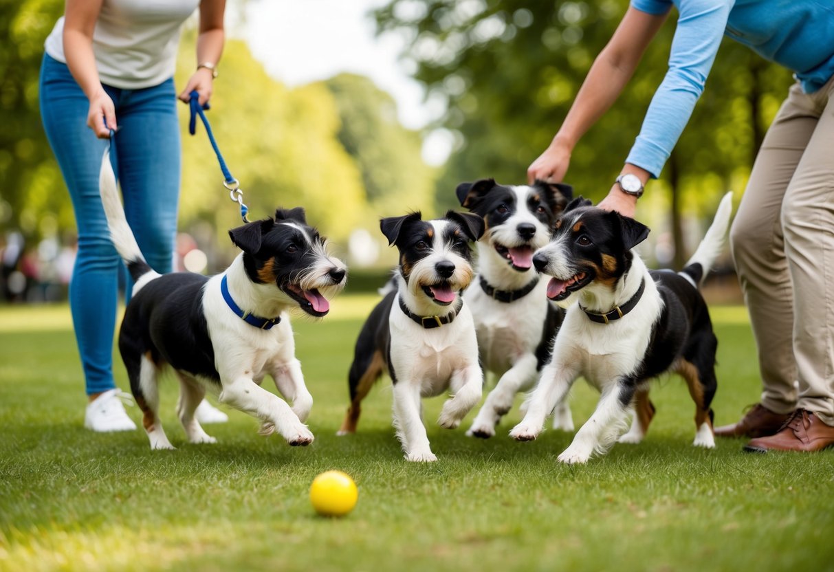 A group of Border Terriers playing happily in a park, interacting with each other and their owners, showcasing their friendly and sociable nature
