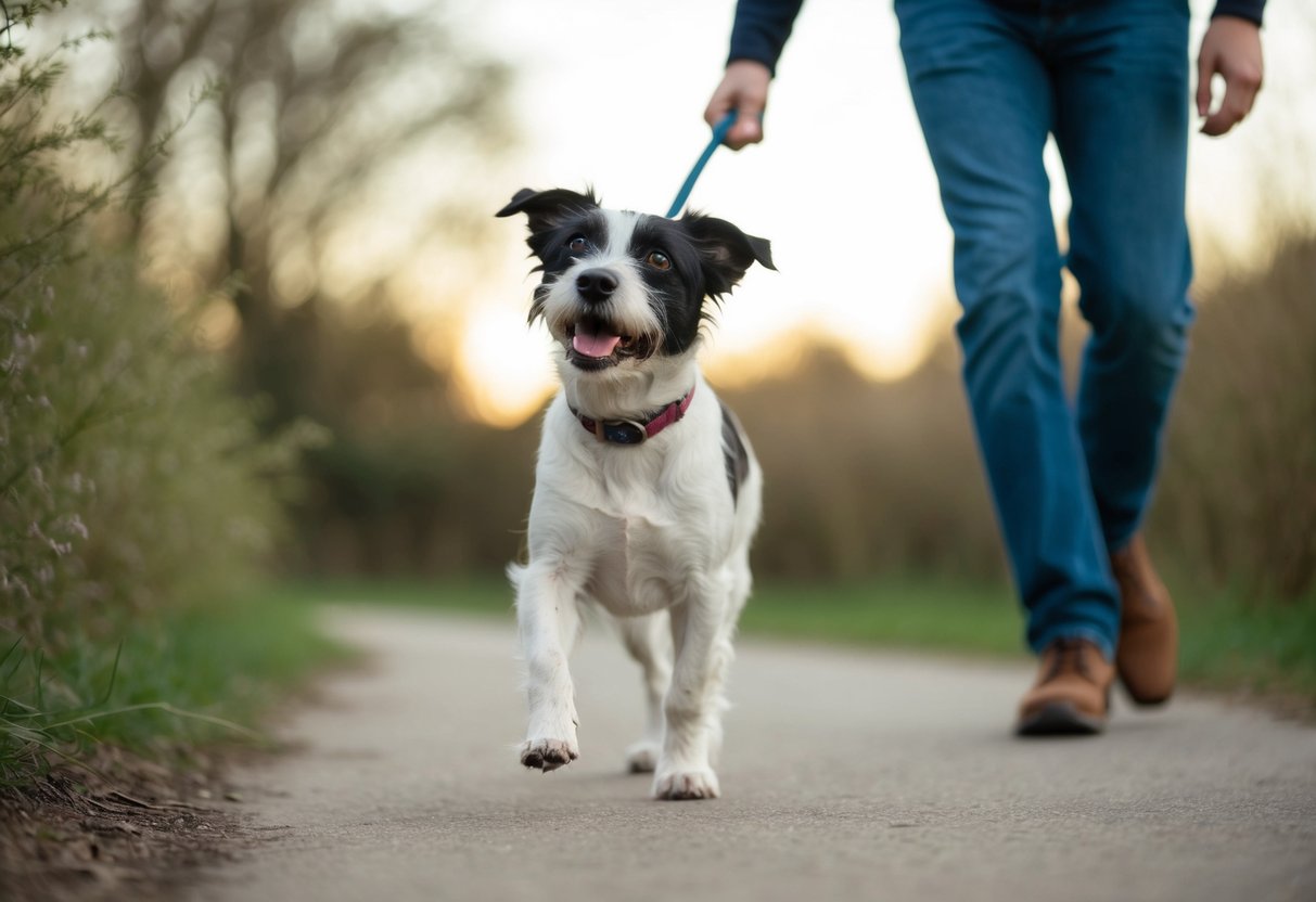 A Border Terrier eagerly follows its owner, wagging its tail and looking up with a loyal and affectionate expression