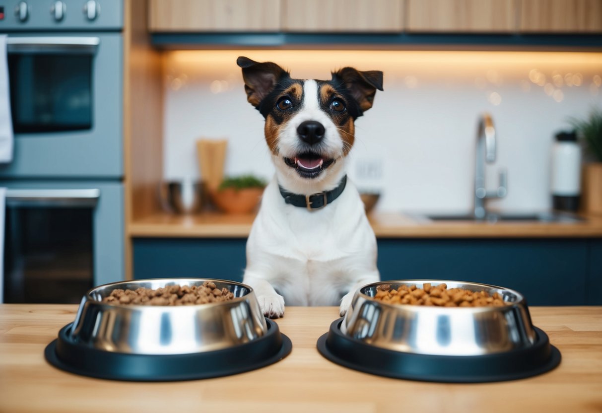 A border terrier sits in front of two full food bowls, looking up eagerly