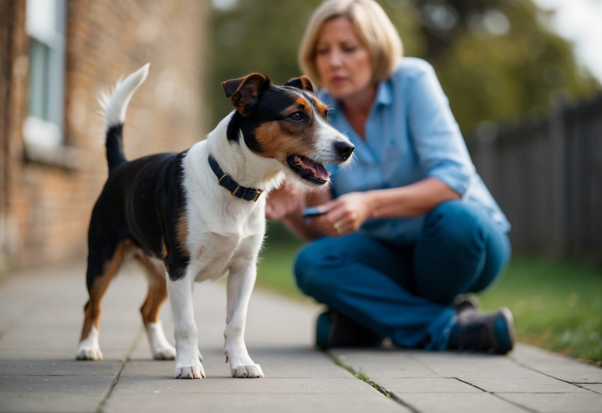 A border terrier anxiously paces back and forth, whining and seeking reassurance from its owner