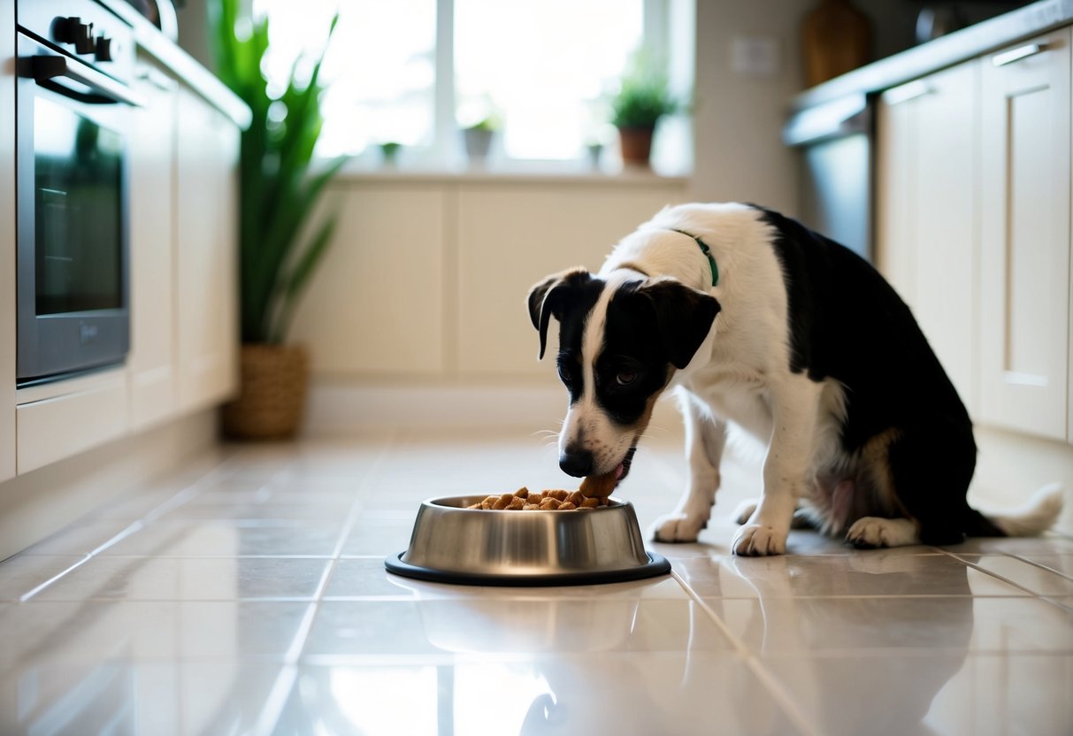 A Border Terrier eagerly eating from a food bowl placed on a clean, tiled kitchen floor