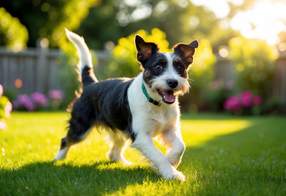 A happy Border Terrier playing in a sunlit garden, with a wagging tail and bright, alert eyes