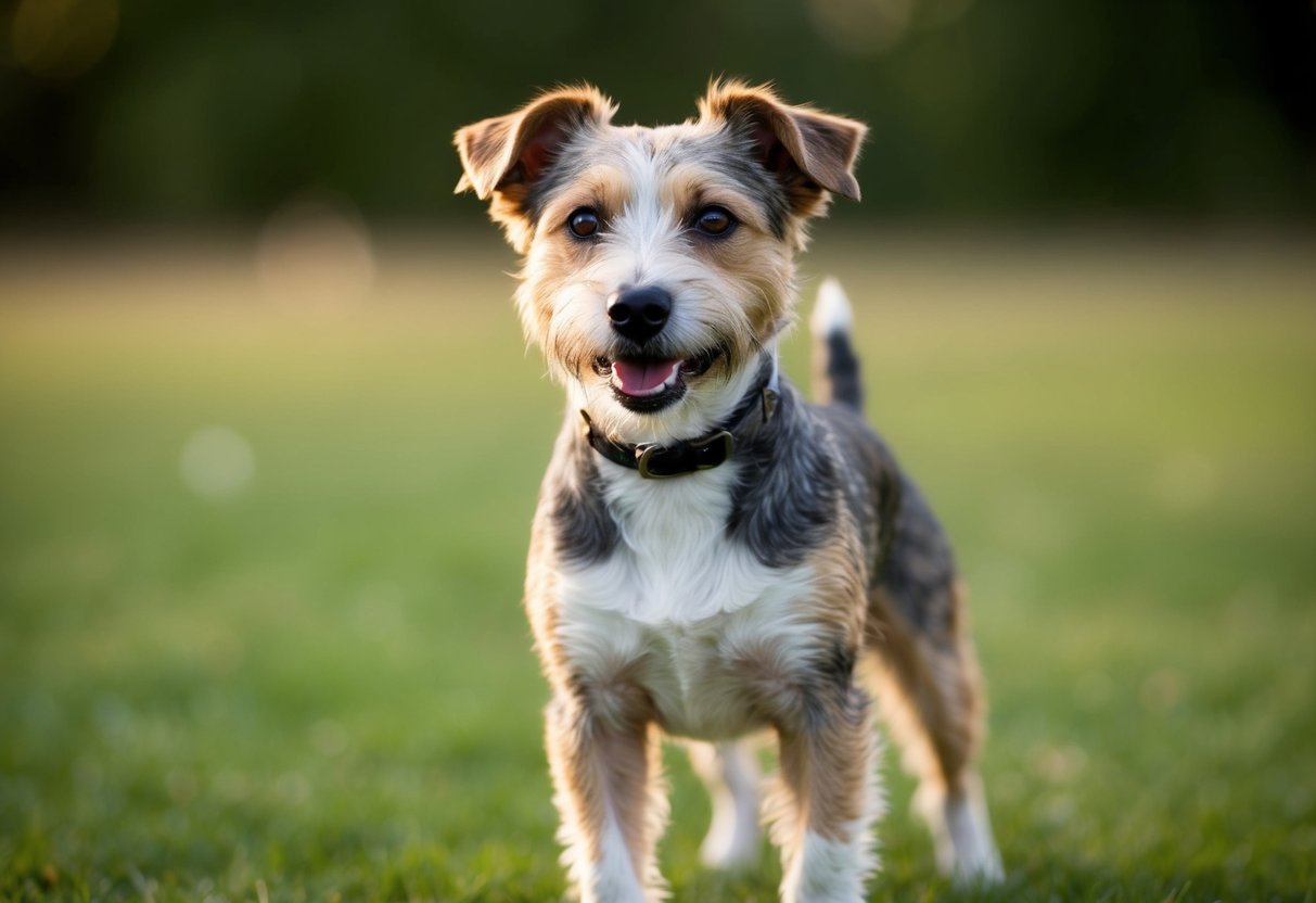 A border terrier stands alert, with a confident and friendly expression, its wiry coat and small, sturdy frame exuding a sense of agility and intelligence