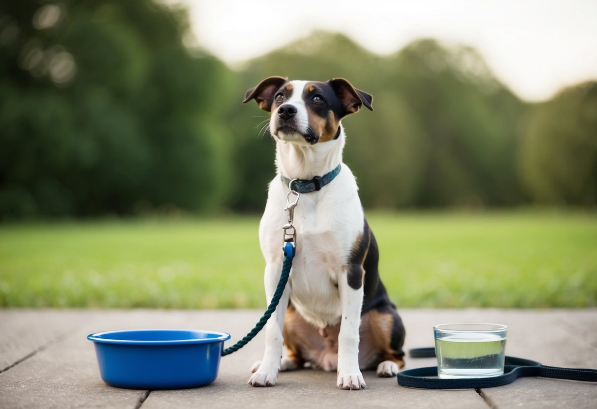 A border terrier sits obediently, looking up with adoring eyes. A leash and a bowl of water are nearby