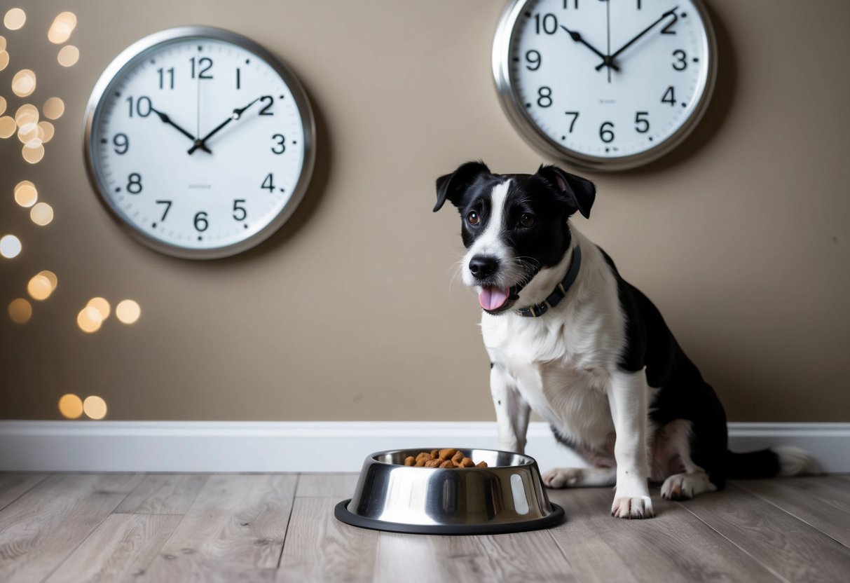 A border terrier eagerly waits by a full food bowl, while a clock on the wall shows different times of day