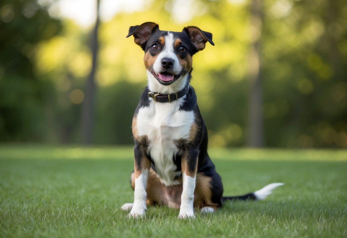 A border terrier confidently sits with alert ears and a wagging tail, displaying a friendly and curious demeanor