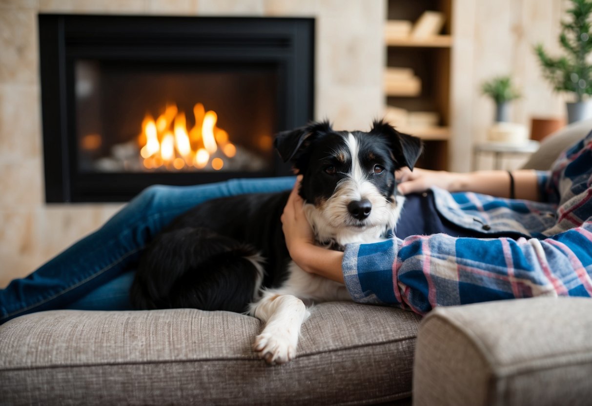 A border terrier snuggles with a person on a cozy couch by a crackling fire