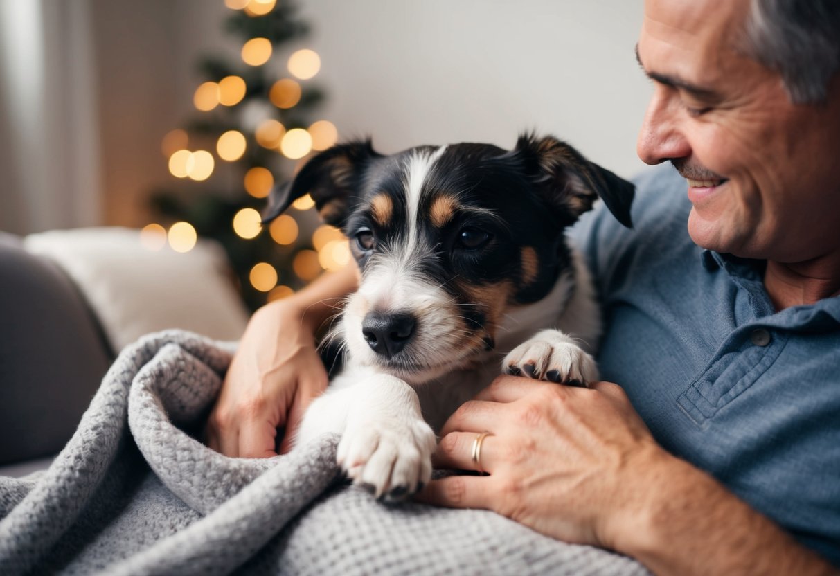 A Border Terrier snuggles up on a cozy blanket, nuzzling into the arms of its owner with a content and affectionate expression