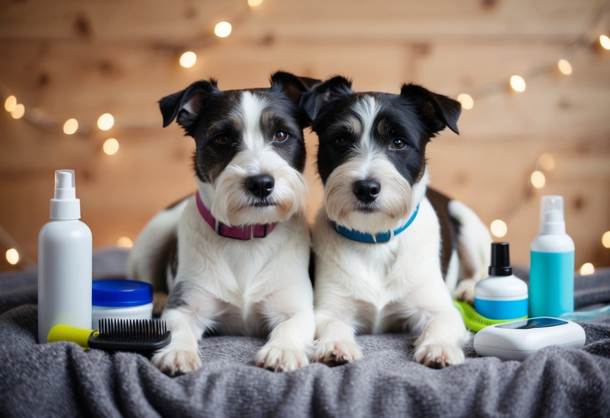Two border terriers snuggled together on a cozy blanket, surrounded by grooming supplies and health essentials