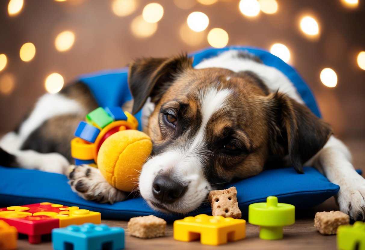 A border terrier snuggles up with a toy, surrounded by puzzle toys and training treats