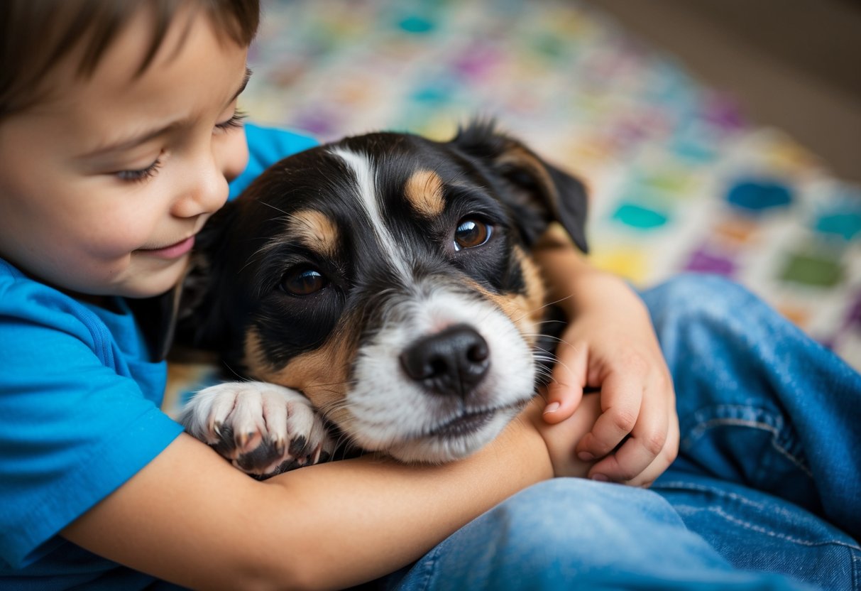 A border terrier snuggles with a child, its soft fur contrasting with the child's small hands. The dog's expressive eyes show contentment