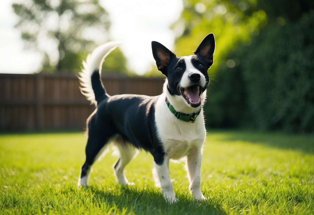 A border terrier barks loudly in a grassy backyard, ears perked and tail raised