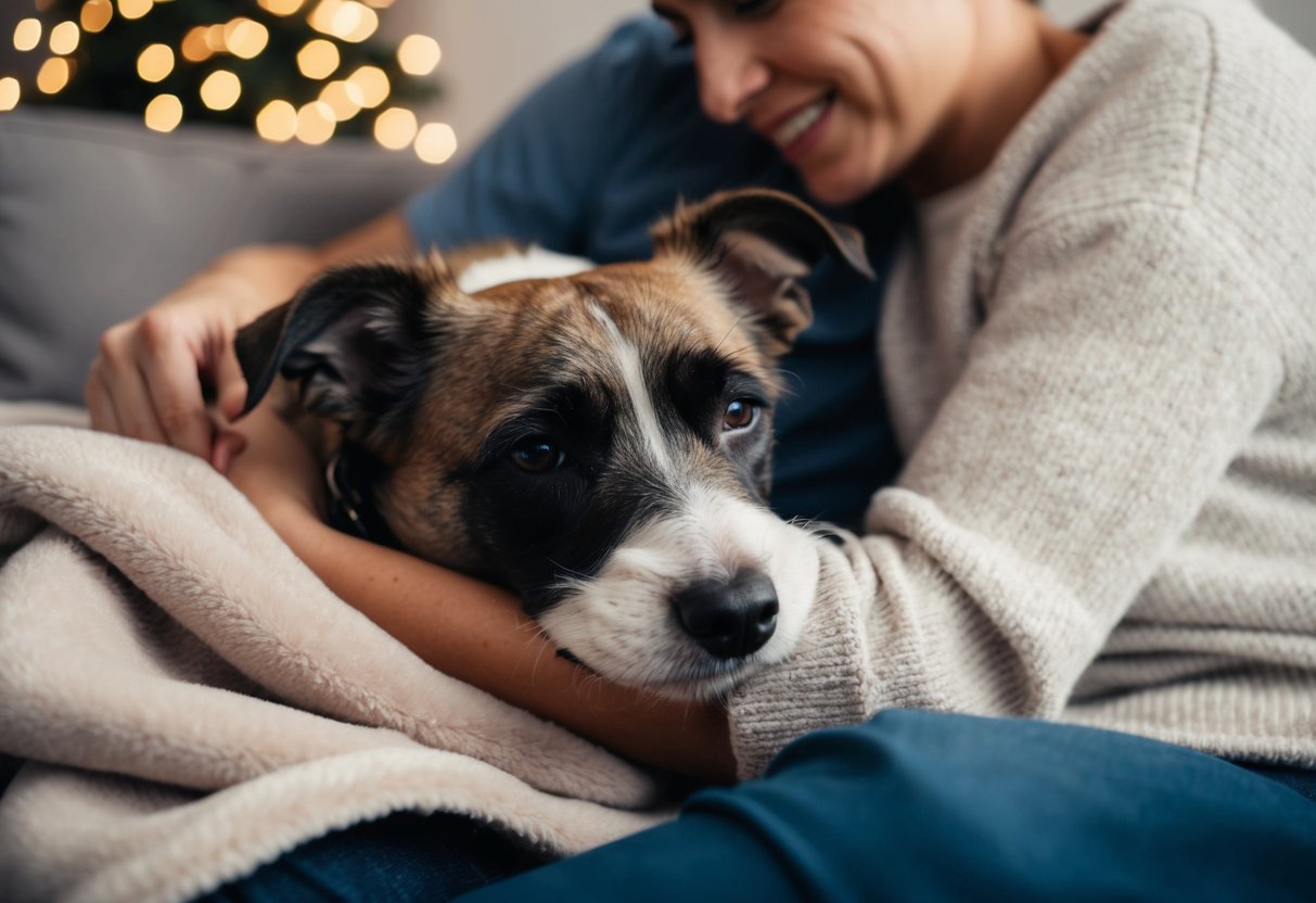 A border terrier curls up on a cozy blanket, nuzzling into the arms of its owner, enjoying a snuggle