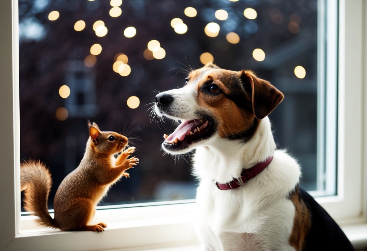 A Border Terrier barking at a squirrel outside the window