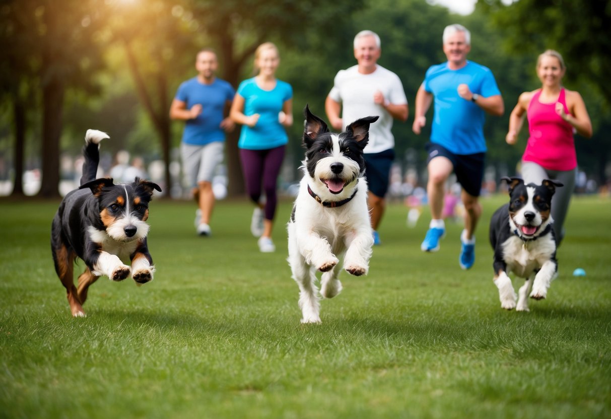 A border terrier playing with other dogs in a park, running and jumping, with a group of people exercising and socializing in the background