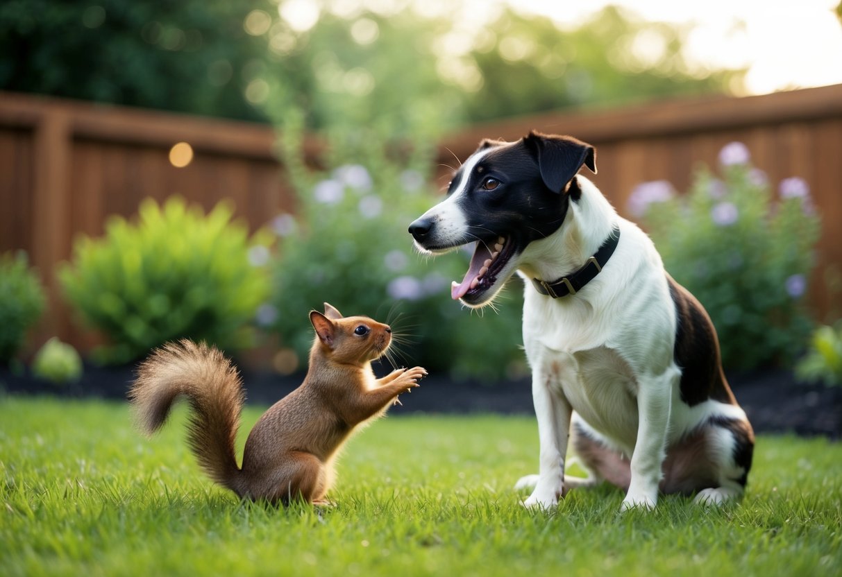 A border terrier barking at a squirrel in a peaceful backyard garden