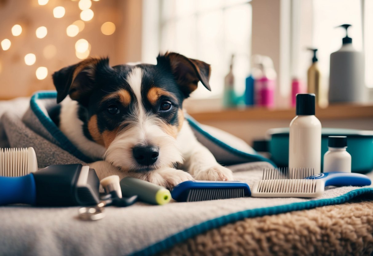 A border terrier snuggles on a cozy blanket, surrounded by grooming tools and products