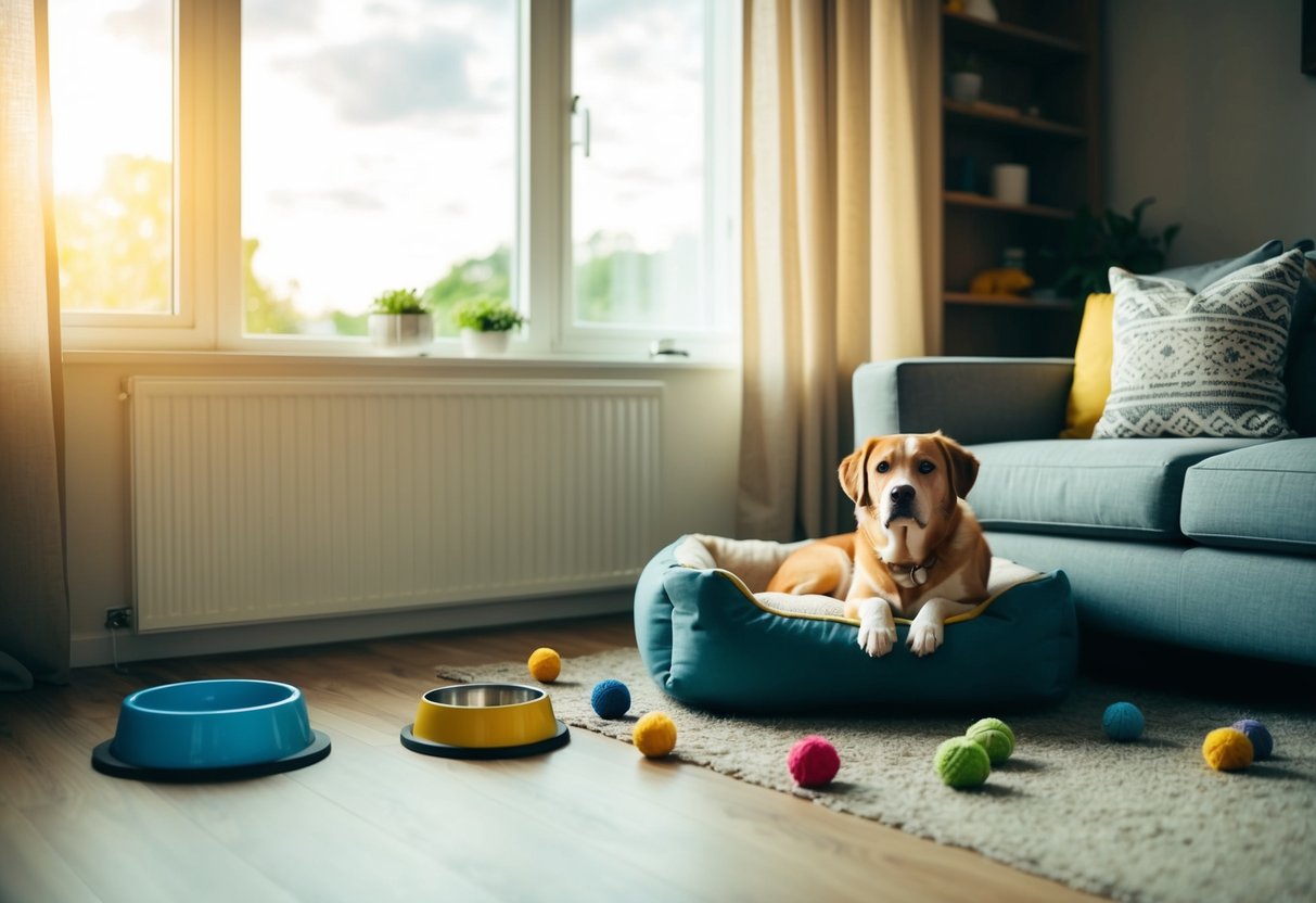 A cozy living room with a sunlit window, a comfy dog bed, and toys scattered around. An empty food and water bowl sits nearby