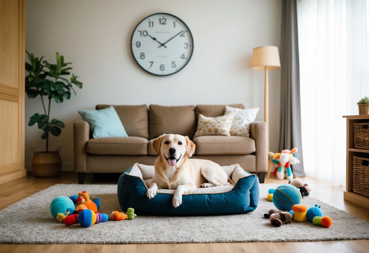 A cozy living room with a comfortable dog bed, toys scattered around, and a clock on the wall showing the passage of time