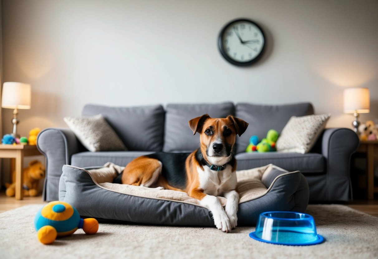 A cozy living room with a border terrier lying on a comfortable bed, surrounded by toys and a water bowl. The clock on the wall shows the time, indicating the dog has been left alone for a few hours