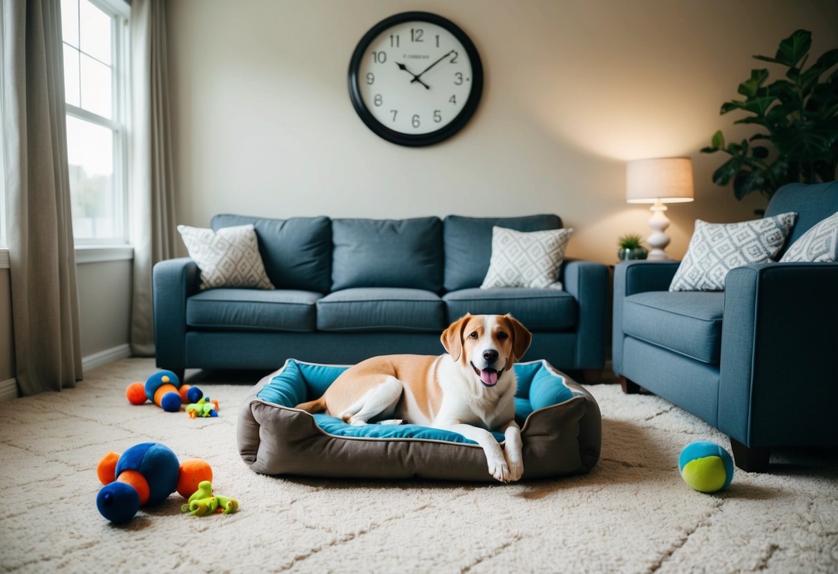 A cozy living room with a comfortable dog bed and toys scattered around. A clock on the wall shows the time passing