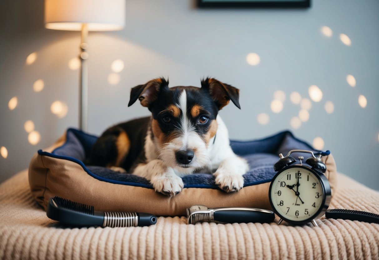 A border terrier rests on a cozy bed, surrounded by grooming tools and a clock showing hours passing