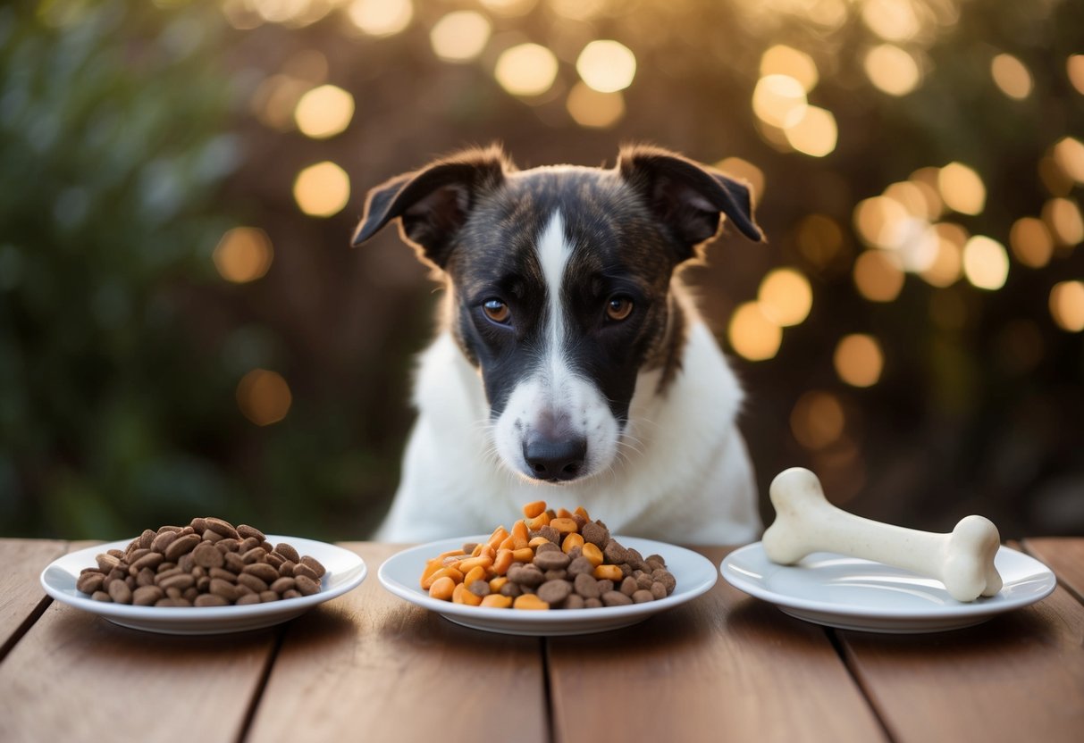 A border terrier eating three meals a day, with a bowl of kibble in the morning, a plate of wet food in the afternoon, and a bone for dinner