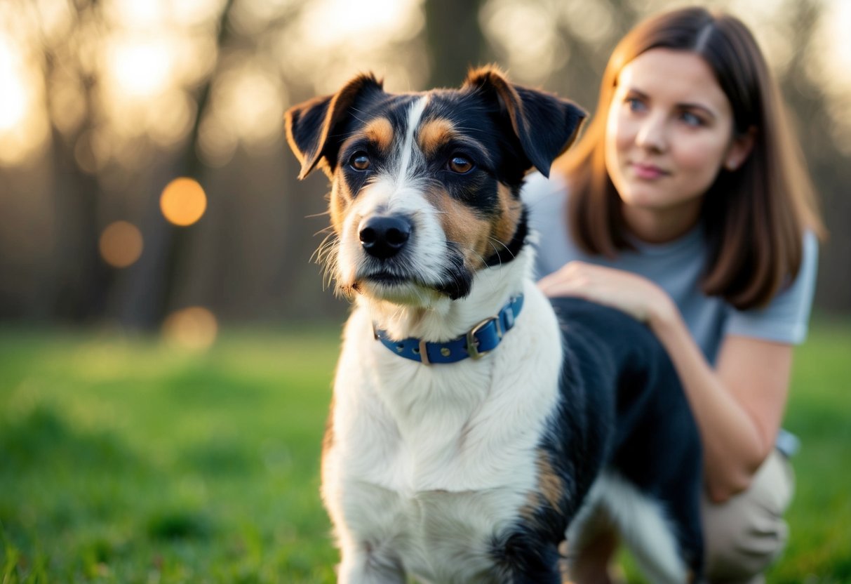 A border terrier stands alert in front of its owner, gazing out protectively