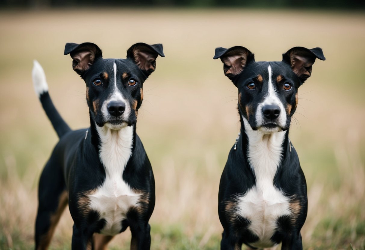 Two border terriers stand alert, one facing forward and the other looking to the side. Their ears are perked up and their bodies are tense, showing a protective stance