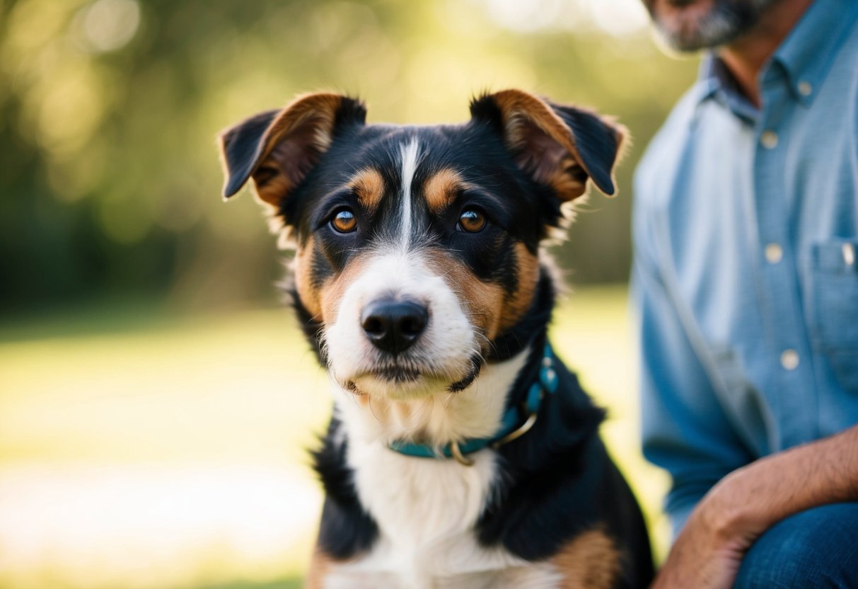 A Border Terrier stands alert, ears perked, in front of its owner. The dog's gaze is focused and protective, showcasing its loyalty and potential for guarding behavior