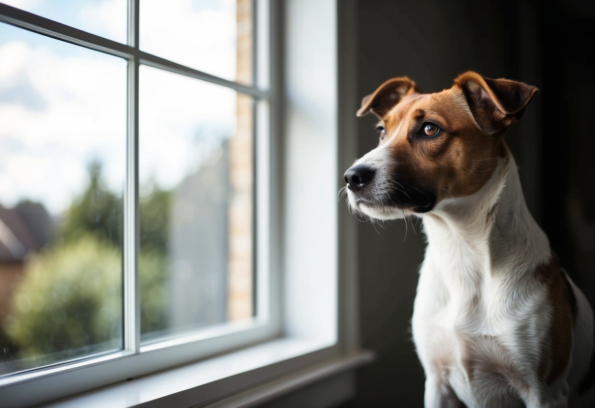A Border Terrier stands alert, gazing out a window, ears perked and tail raised. It watches over its home, ready to protect
