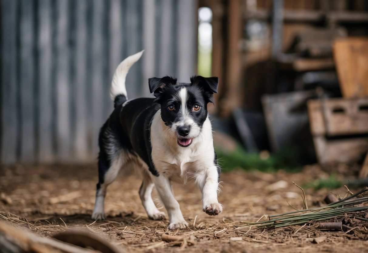 A Border Terrier confidently hunts through a cluttered barn, its keen eyes focused on a potential target as it prepares to pounce