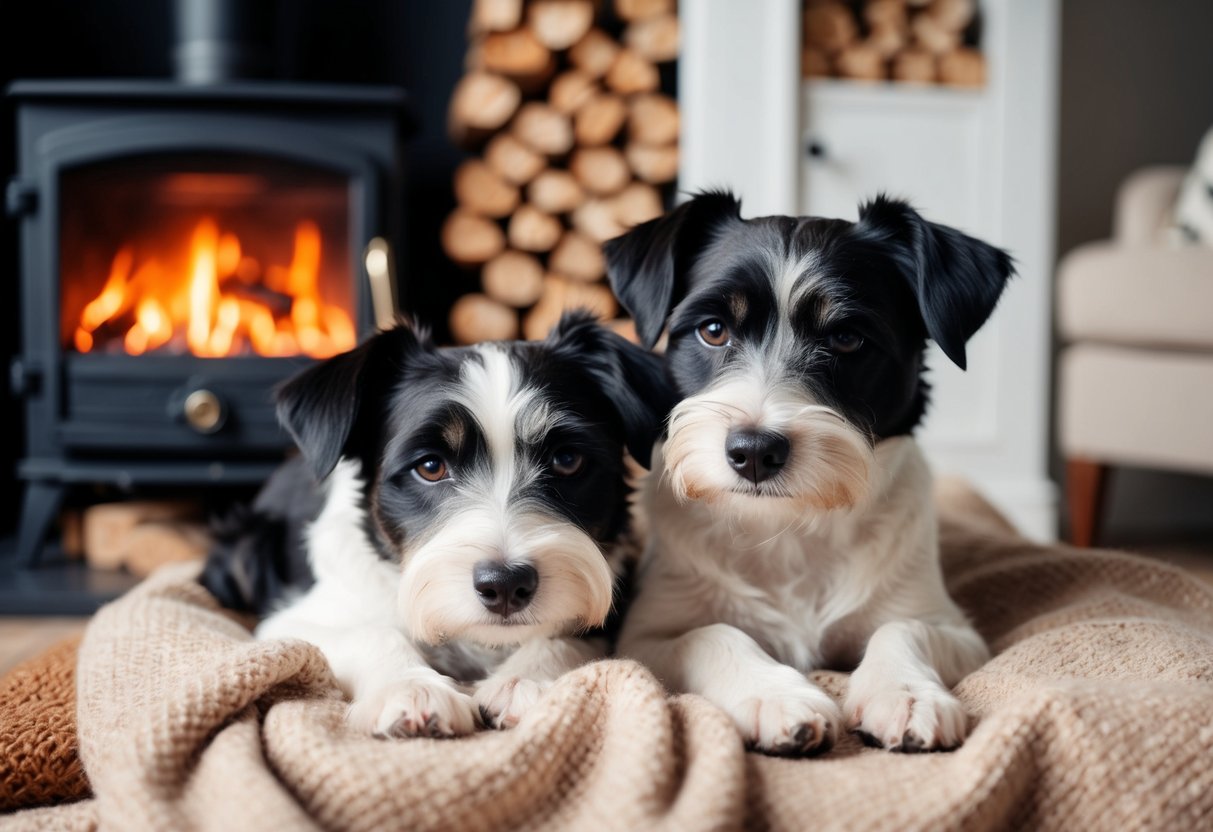 Two border terriers cuddle on a cozy blanket by a crackling fireplace