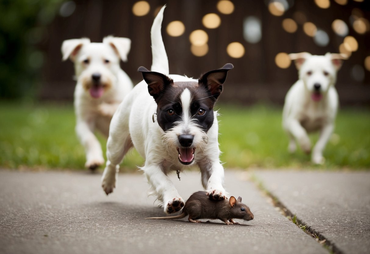 A border terrier fiercely hunts down a rat, while other terriers watch in the background
