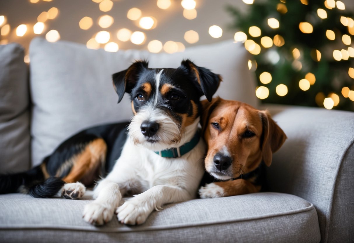 A border terrier snuggles with its owner on a cozy couch